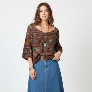 United States Sweaters Knit Top Womens M Red Blue V-Neck 3/4 Sleeve Boho Hippie